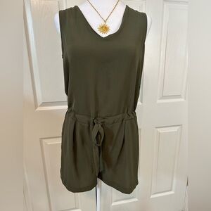 Zara Romper, tie waist, open plunge back with ties, olive green, X-Small